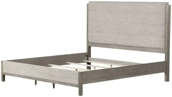Rizvi King Bed, Upholstered Headboard, Beveled Mirror, Gray Solid Wood - Benzara
