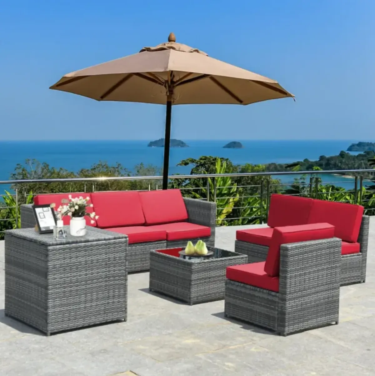 Hivvago 8 Pieces Wicker Sofa Rattan Dining Set Patio Furniture with Storage Table