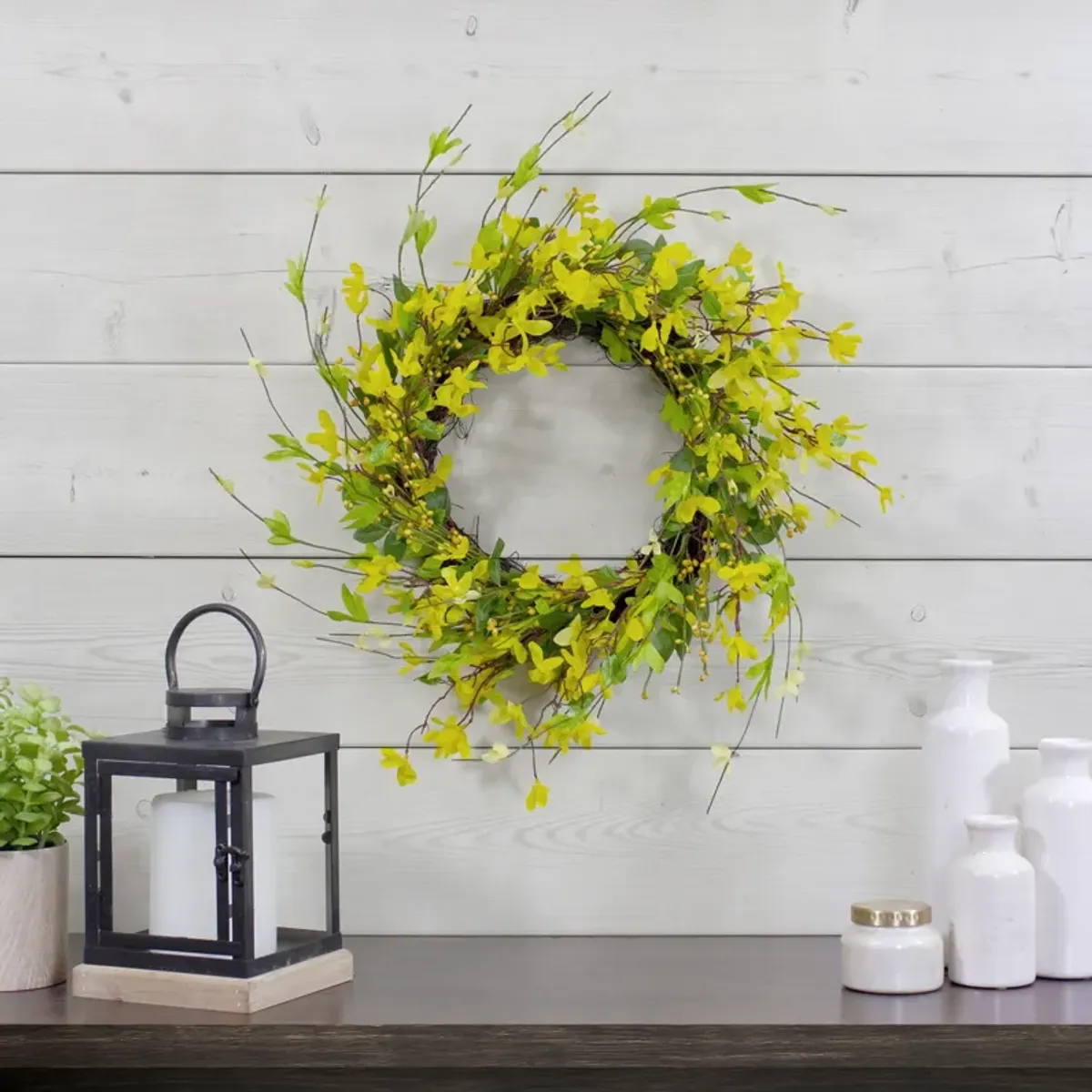 Forsythia and Leaves Artificial Spring Floral Wreath  Yellow - 20-Inch