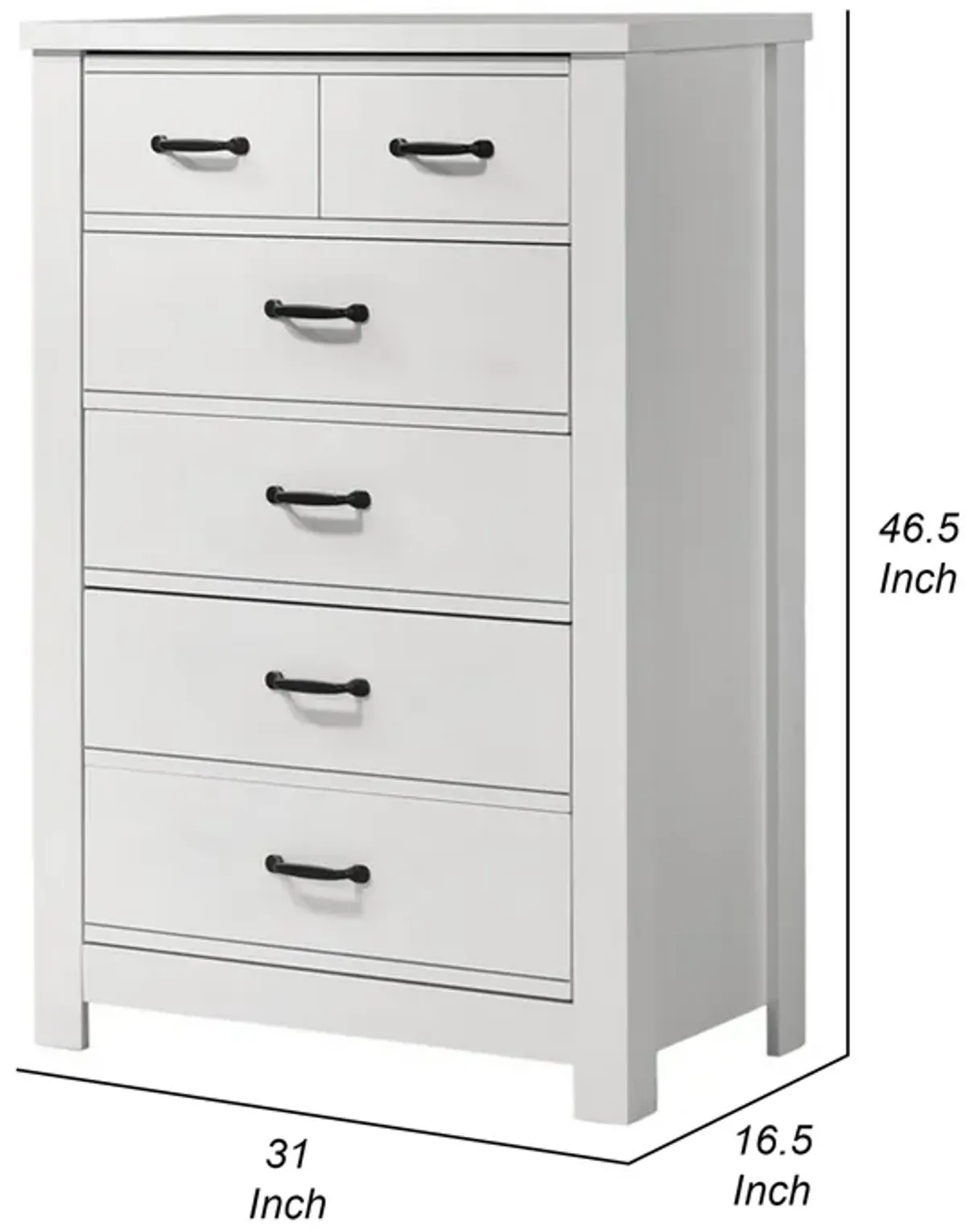 Jermy 47 Inch Tall Dresser, 5 Drawers, Black Handles, Crisp White Finish - Benzara