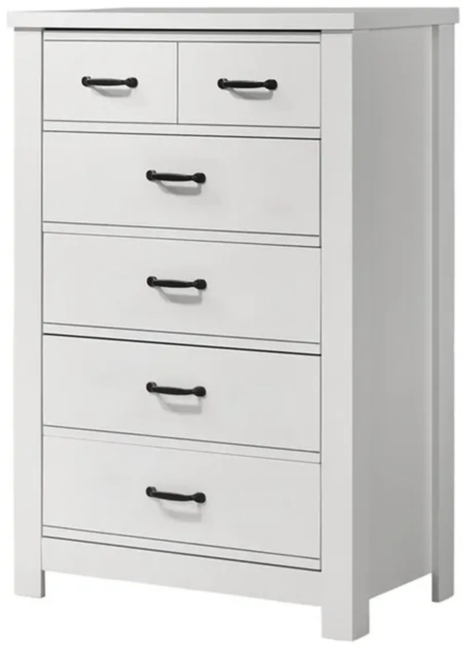 Jermy 47 Inch Tall Dresser, 5 Drawers, Black Handles, Crisp White Finish - Benzara