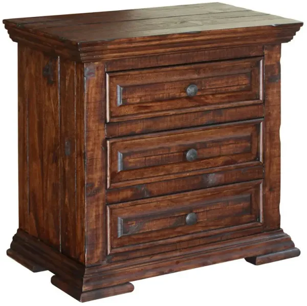 Benjara Abi 32 Inch 3 Drawer Nightstand, Solid Pine Wood, Chocolate Brown Lacquer