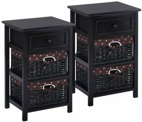 Hivago 3 Tier Set of 2 Wood Nightstand with 1 and 2 Drawer -Black