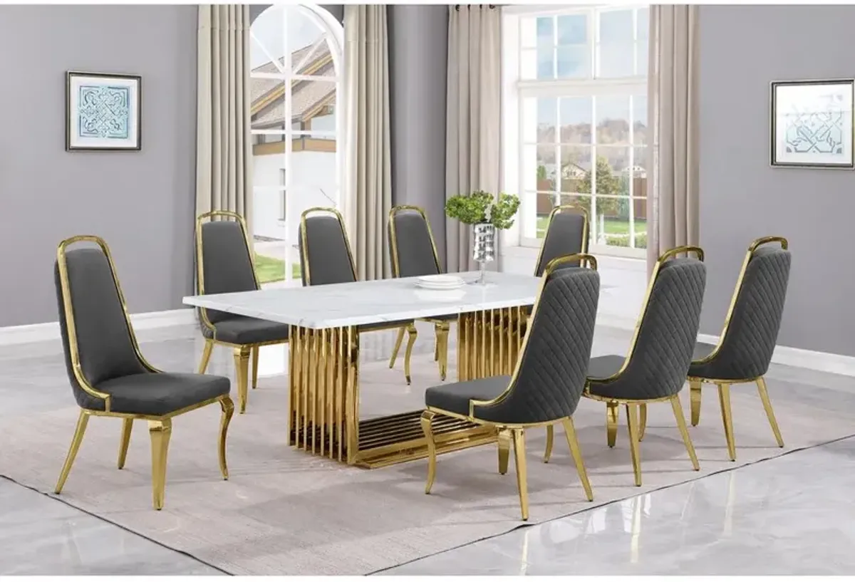 9pc Large(79") marble top dining set with gold base and 8 Dark grey side chairs