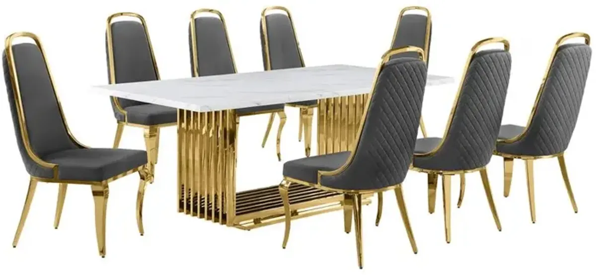 9pc Large(79") marble top dining set with gold base and 8 Dark grey side chairs