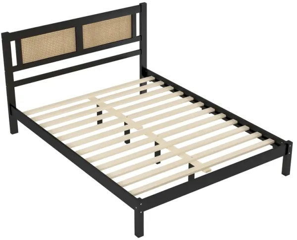 Queen Size 3-Piece Bedroom Set with Natural Rattan Headboard and Nightstands