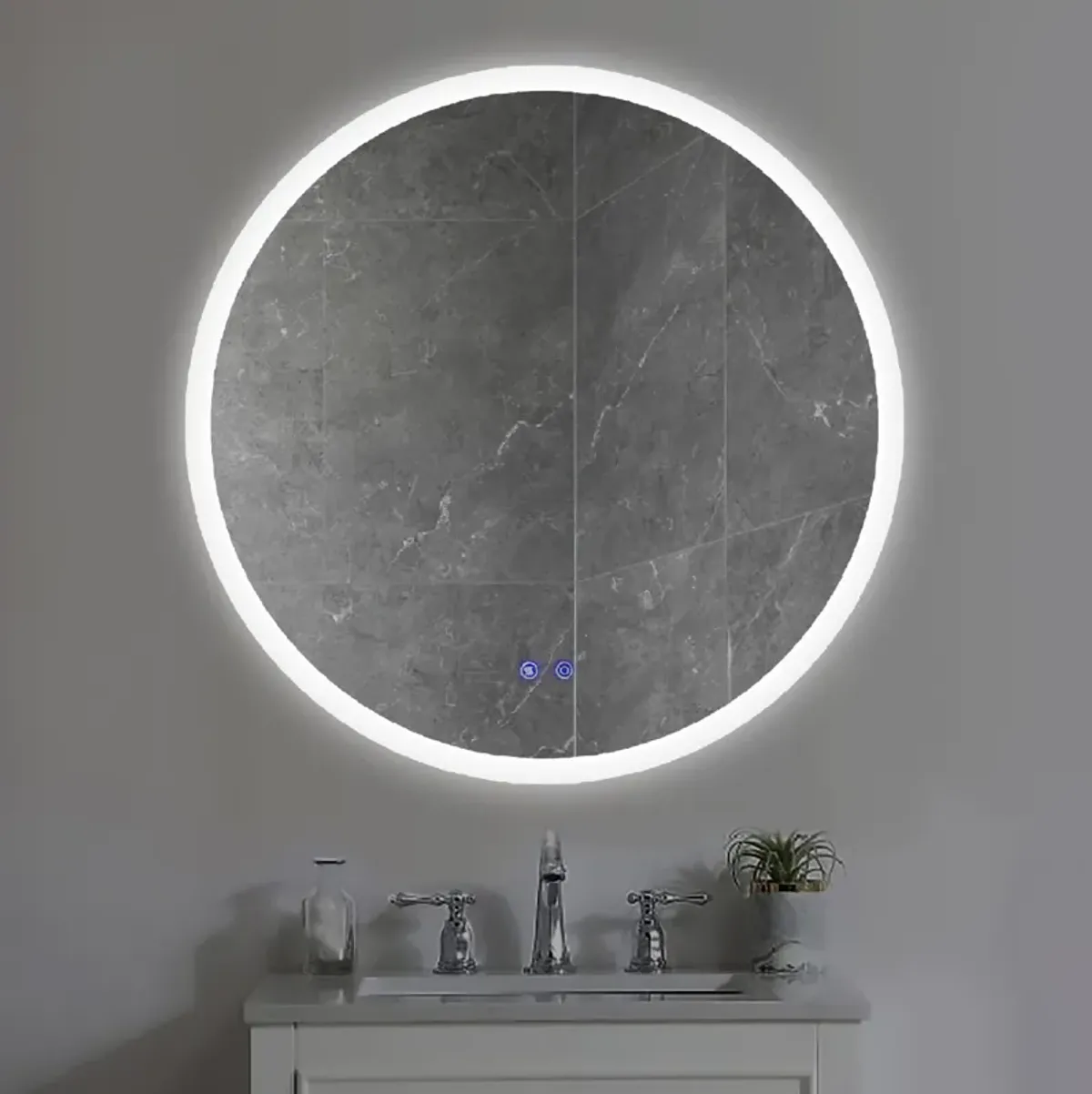 32 x 32 Inch Round Frameless LED Illuminated Bathroom Mirror, Touch Button Defogger, Metal, Silver-Benzara