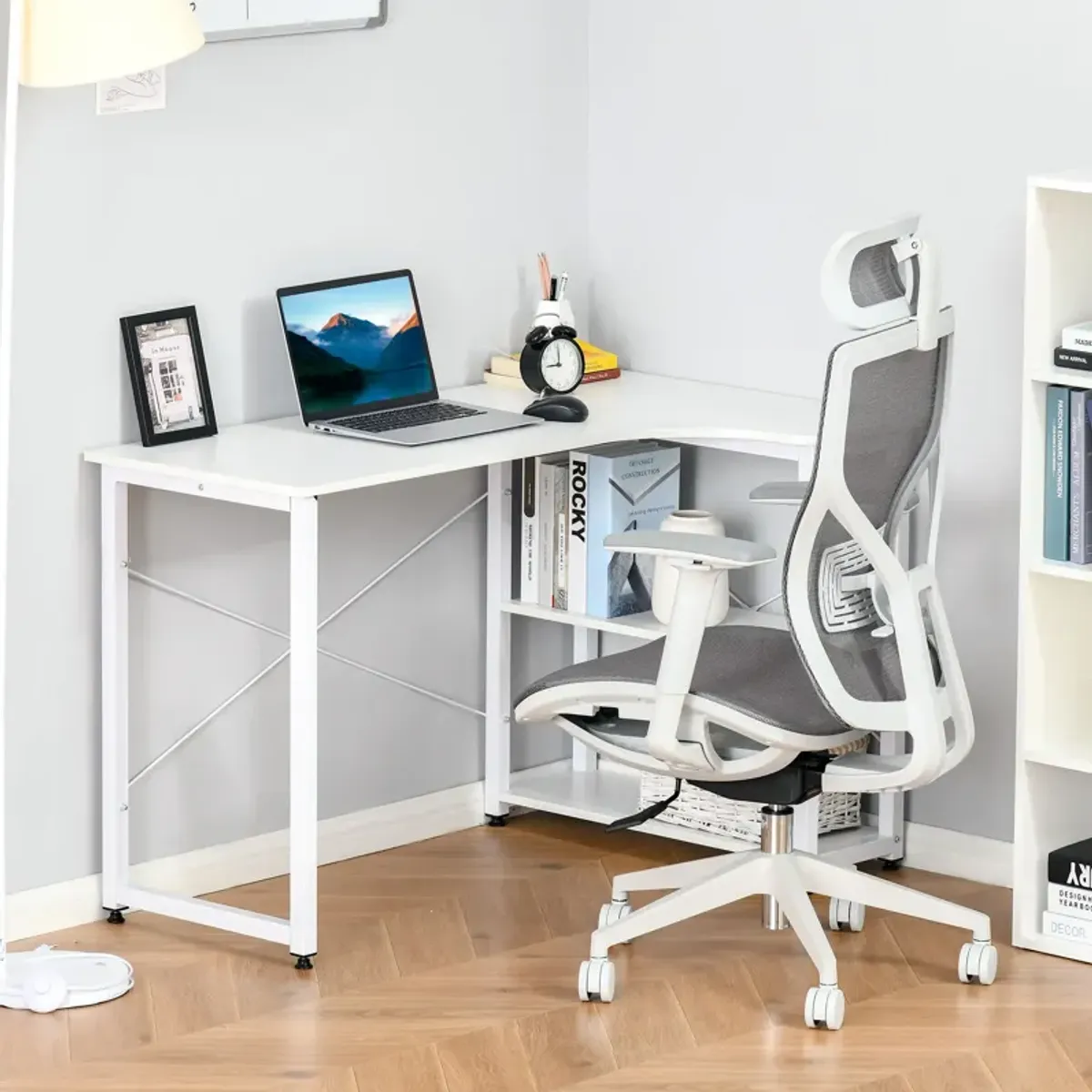 HOMCOM Industrial L-Shaped Computer Desk with 2 Side Shelves and Steel Frame, Corner Desk, Study Workstation for Home Office, White