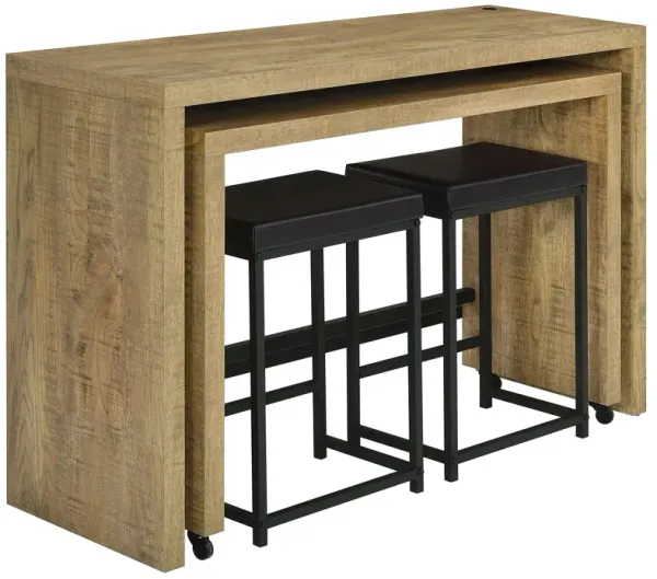 Vista 4pc Dual Counter Table Set, 2 Stools, USB, Black Faux Leather, Brown - Benzara