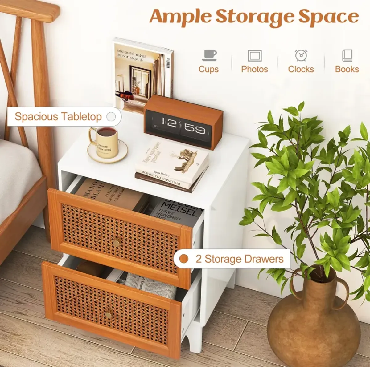 Boho Accent Table Nightstand with 2 Handwoven Rattan Decorated Drawers-White