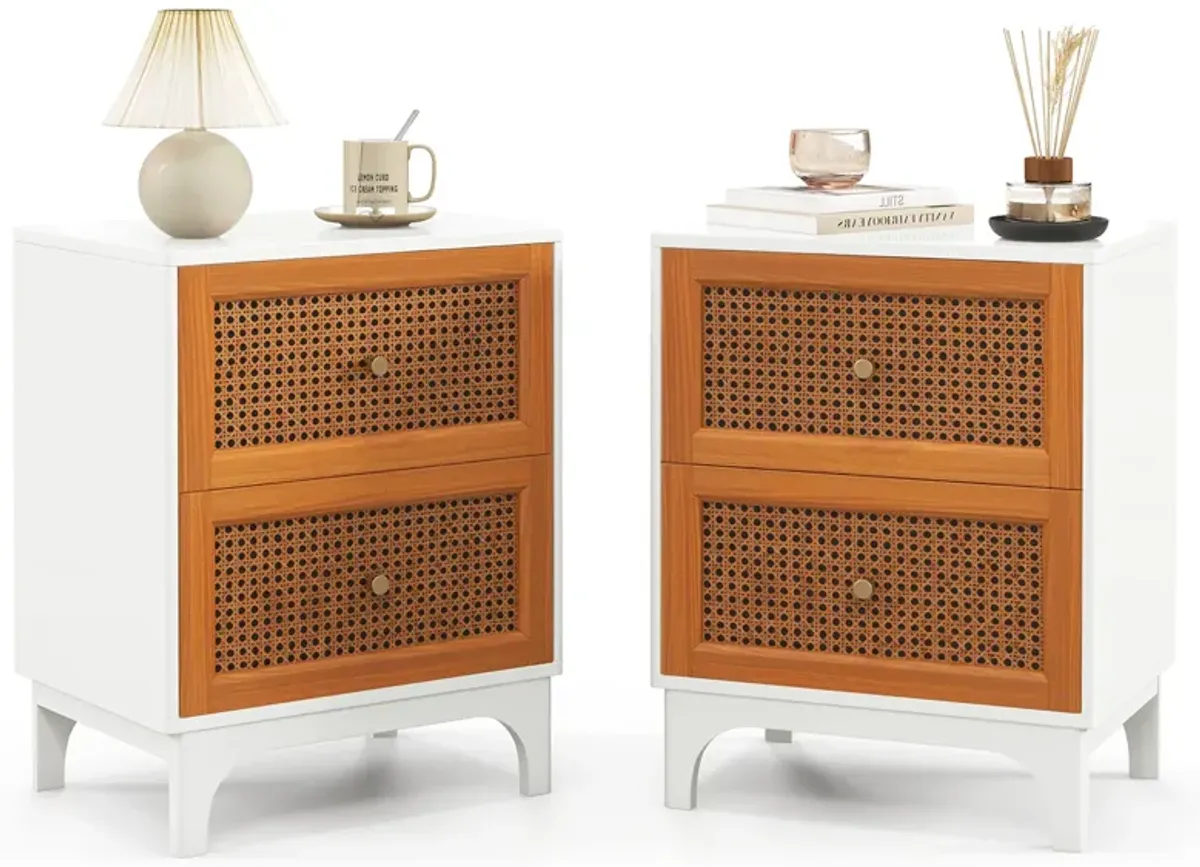 Boho Accent Table Nightstand with 2 Handwoven Rattan Decorated Drawers-White