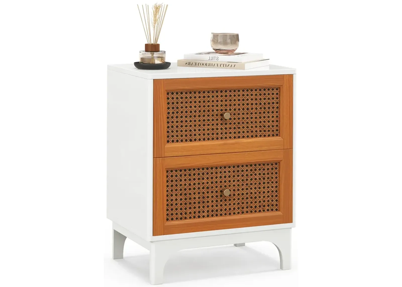 Boho Accent Table Nightstand with 2 Handwoven Rattan Decorated Drawers-White