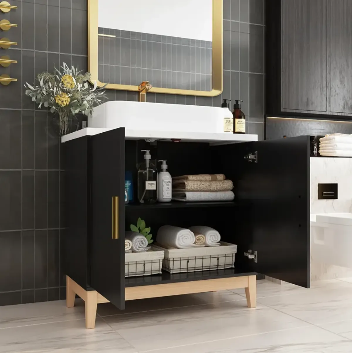 23 in. W x 17.7 in. D x 34 in. H in Black Ready to Assemble Free Standing Bathroom Cabinet with Basin without Mirror