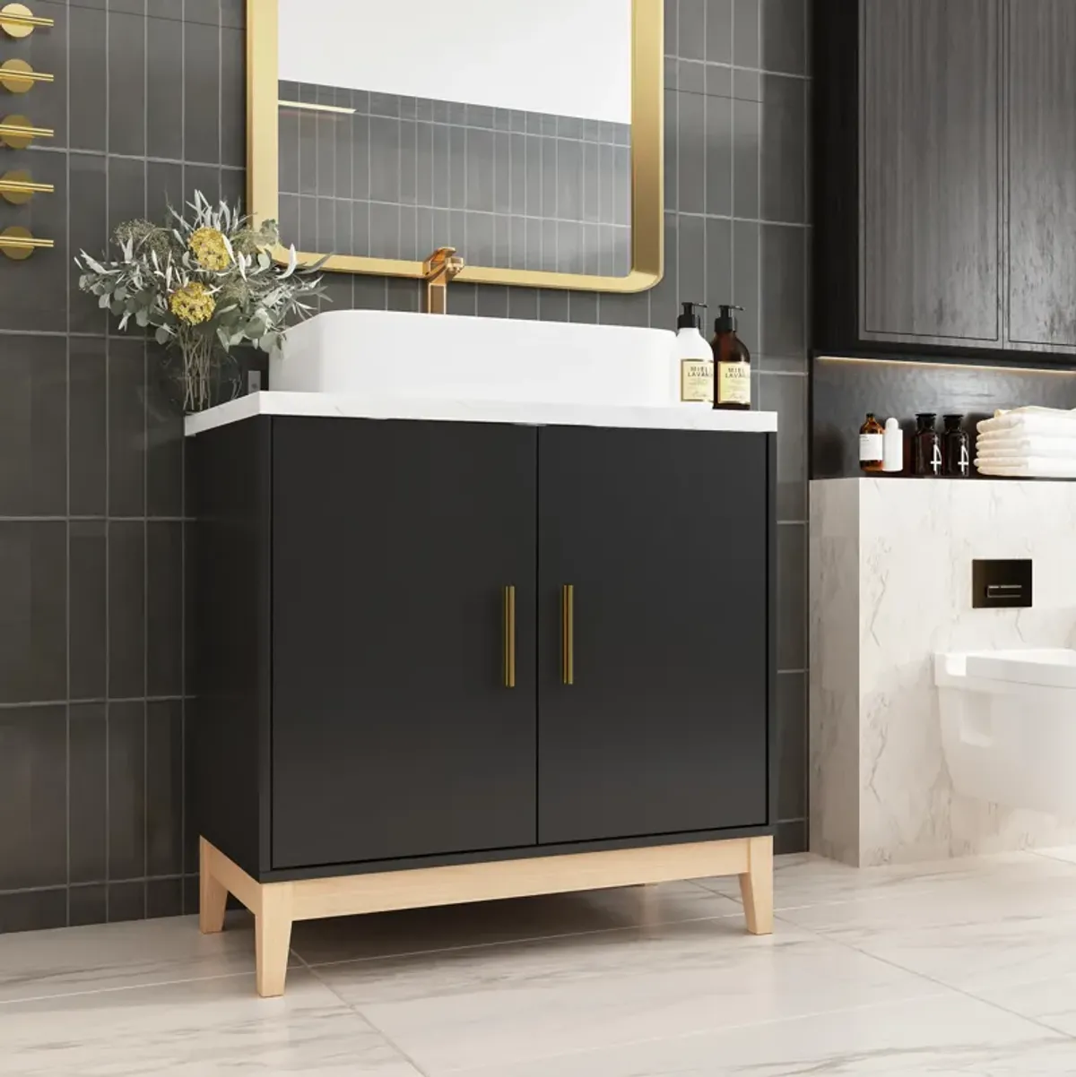 23 in. W x 17.7 in. D x 34 in. H in Black Ready to Assemble Free Standing Bathroom Cabinet with Basin without Mirror