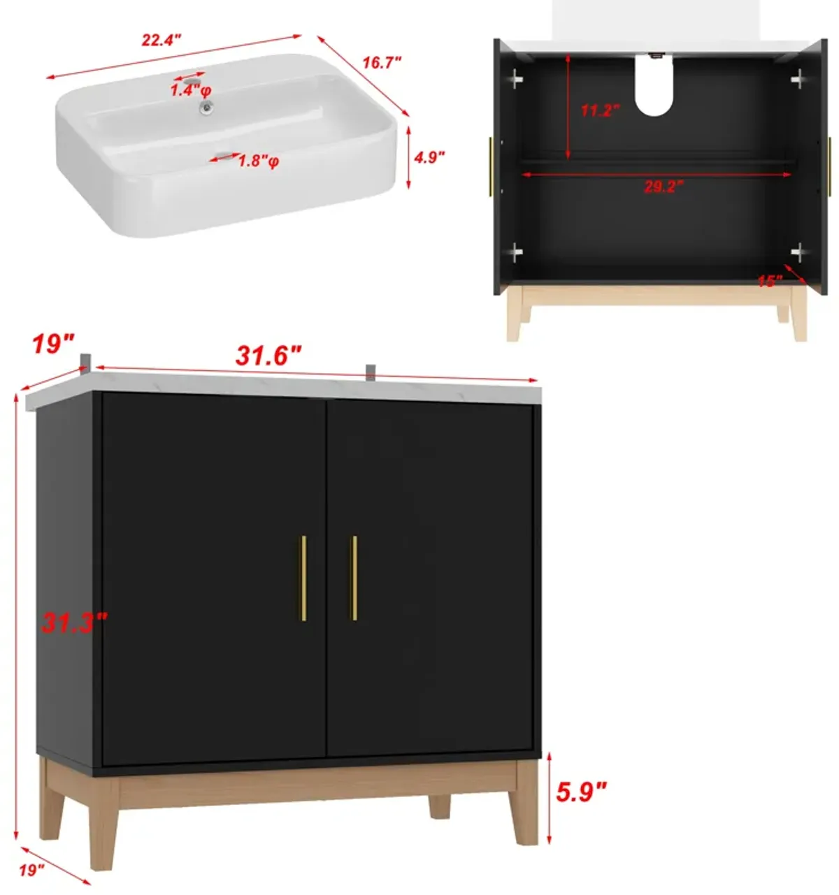 23 in. W x 17.7 in. D x 34 in. H in Black Ready to Assemble Free Standing Bathroom Cabinet with Basin without Mirror