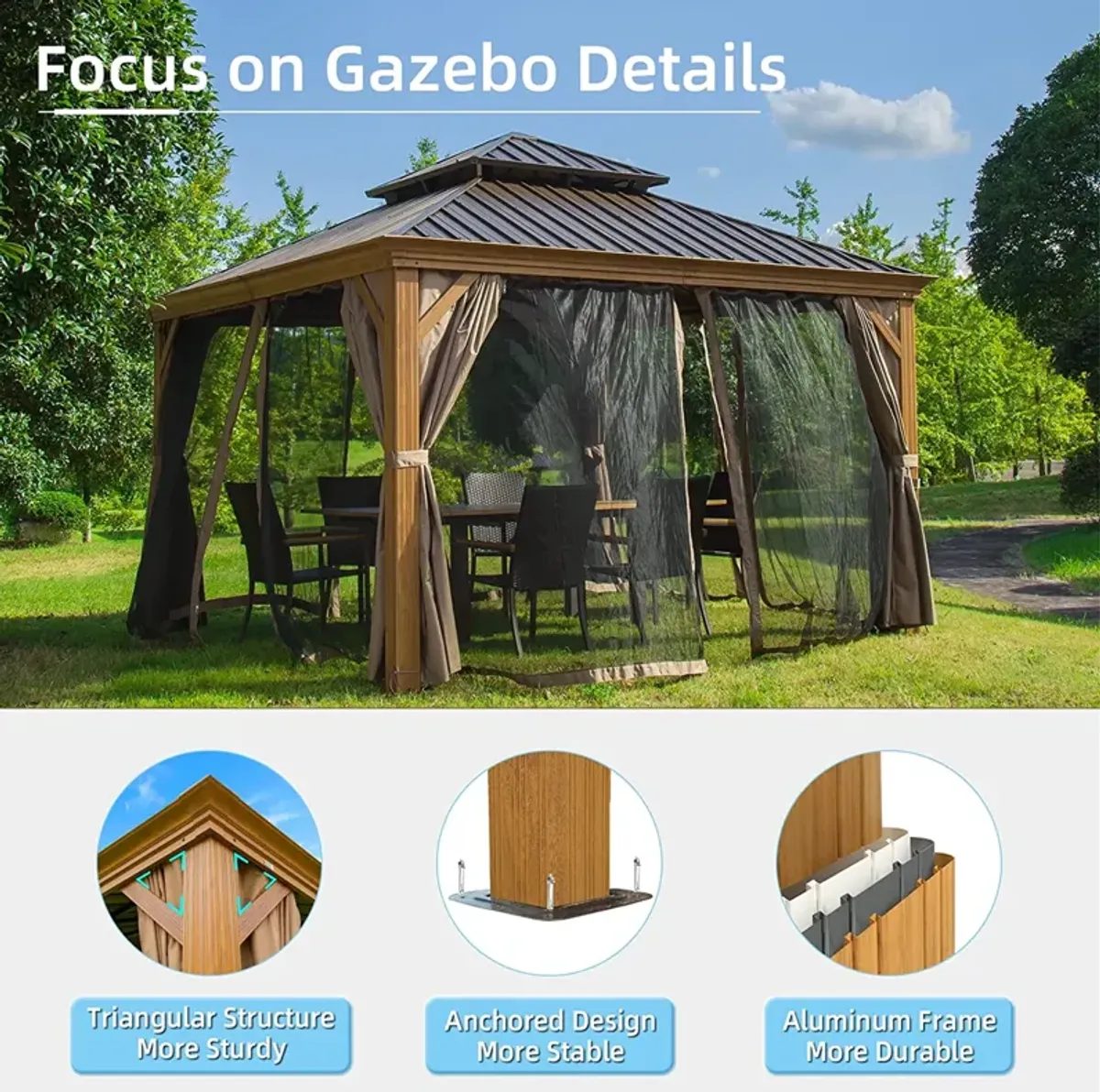 MONDAWE 12x12ft Hardtop Gazebo, Wooden Coated Aluminum Frame Canopy with Galvanized Steel Double Roof, Outdoor Permanent Metal Pavilion with Curtains and Netting for Patio, Deck and Lawn(Wood-Looking)