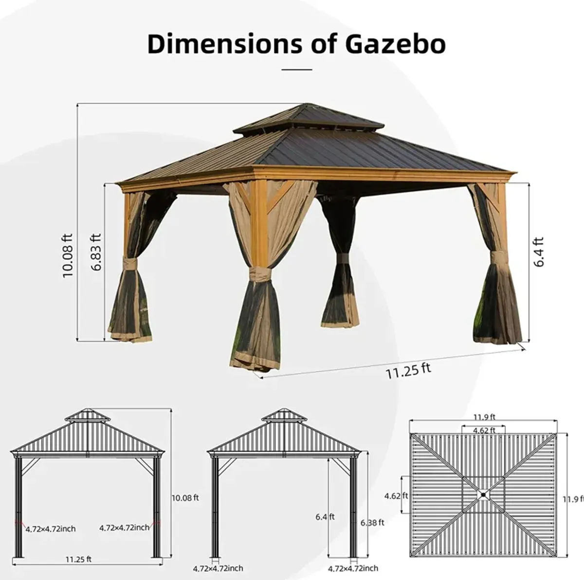 MONDAWE 12x12ft Hardtop Gazebo, Wooden Coated Aluminum Frame Canopy with Galvanized Steel Double Roof, Outdoor Permanent Metal Pavilion with Curtains and Netting for Patio, Deck and Lawn(Wood-Looking)