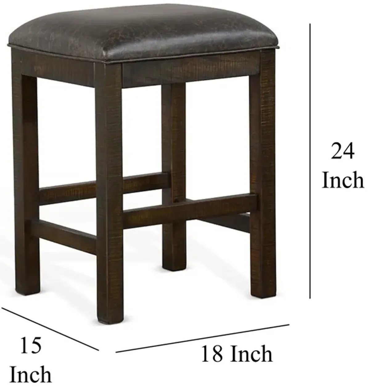 Flint Counter Stool, Faux Leather Seat, 24 Inch High, Dark Brown Wood - Benzara