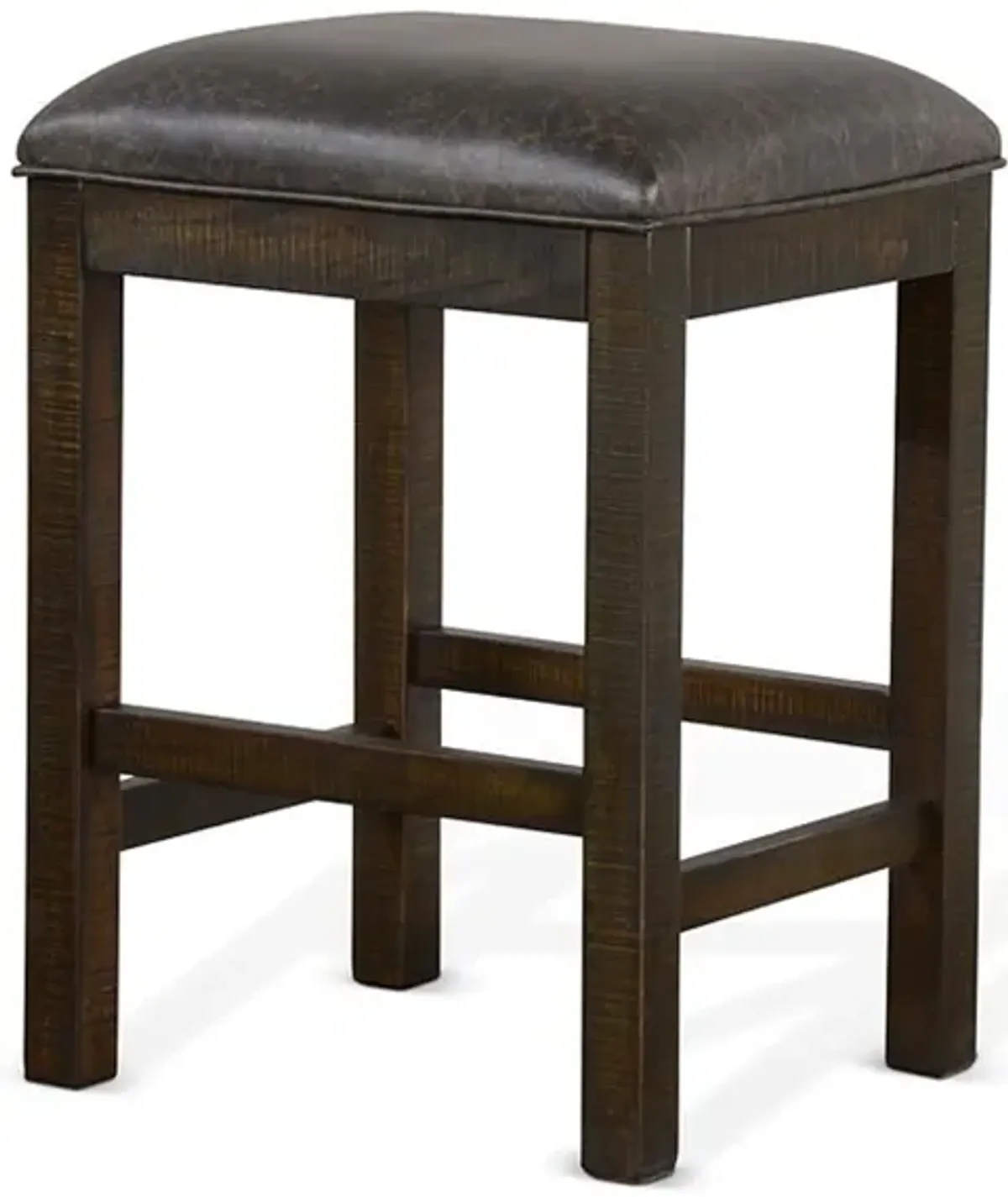 Flint Counter Stool, Faux Leather Seat, 24 Inch High, Dark Brown Wood - Benzara