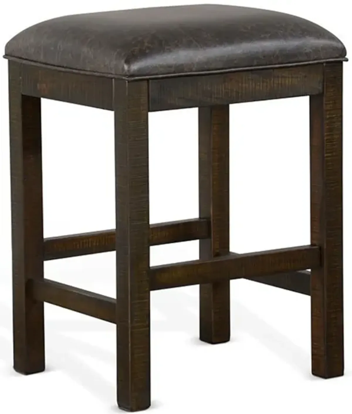 Flint Counter Stool, Faux Leather Seat, 24 Inch High, Dark Brown Wood - Benzara