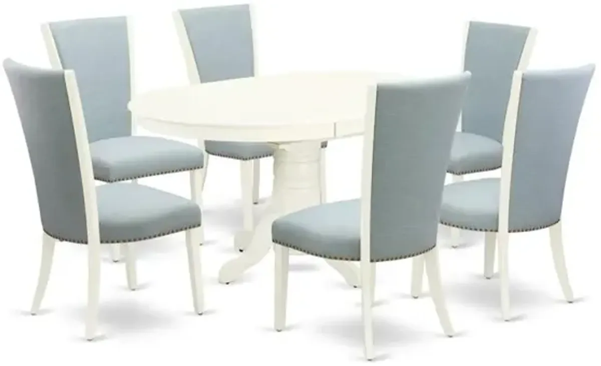 East-West Furniture AVVE7-LWH-15 - A dinette set of 6 wonderful kitchen dining chairs with Linen Fabric Baby Blue color and a wonderful 18" butterfly leaf oval dining room table with Linen White color