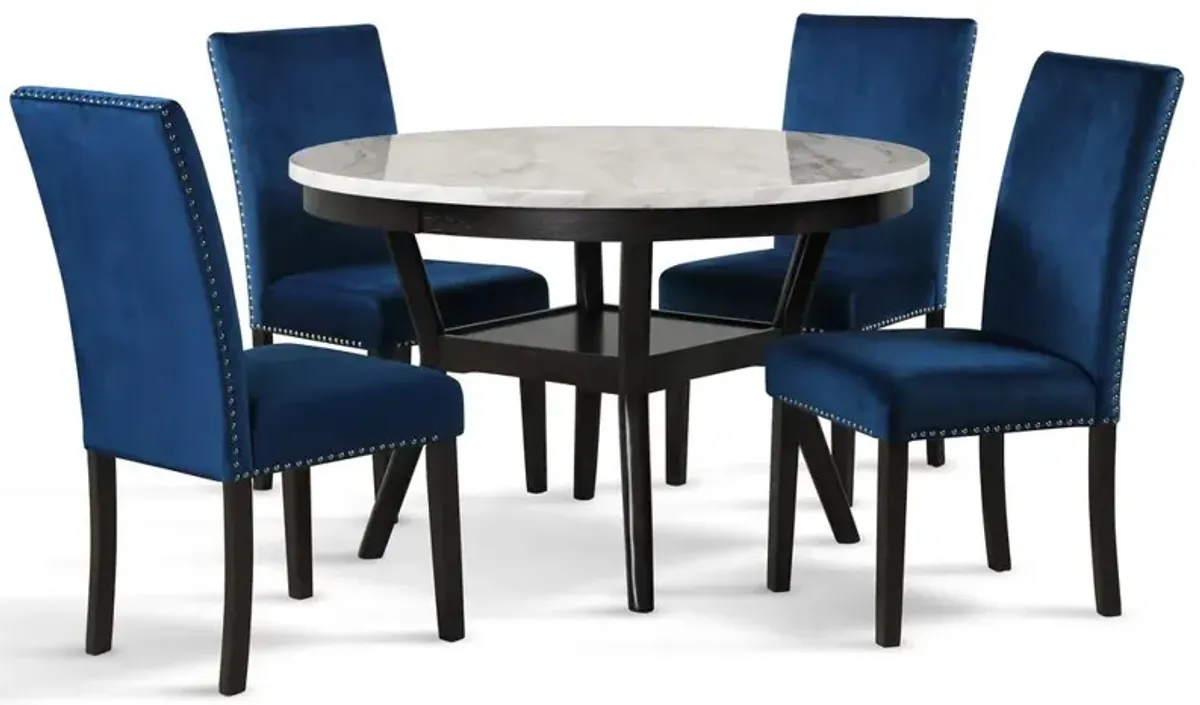 New Classic Furniture Furniture Celeste 5-Pc Faux Marble Round Dining Set  4 Chair-Blue