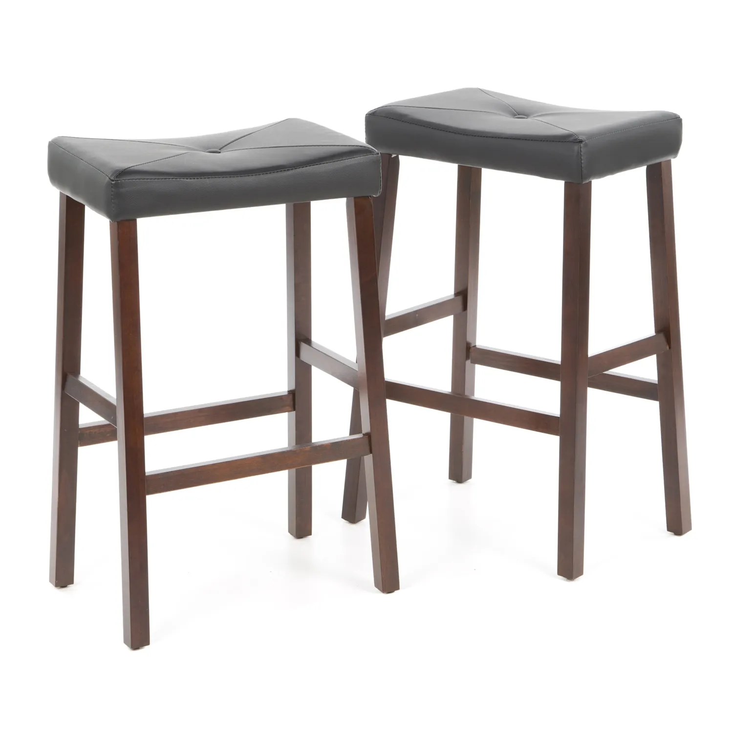 Hivvago Set of 2 - Upholstered Faux Leather Saddle Seat Barstool in Mahogany