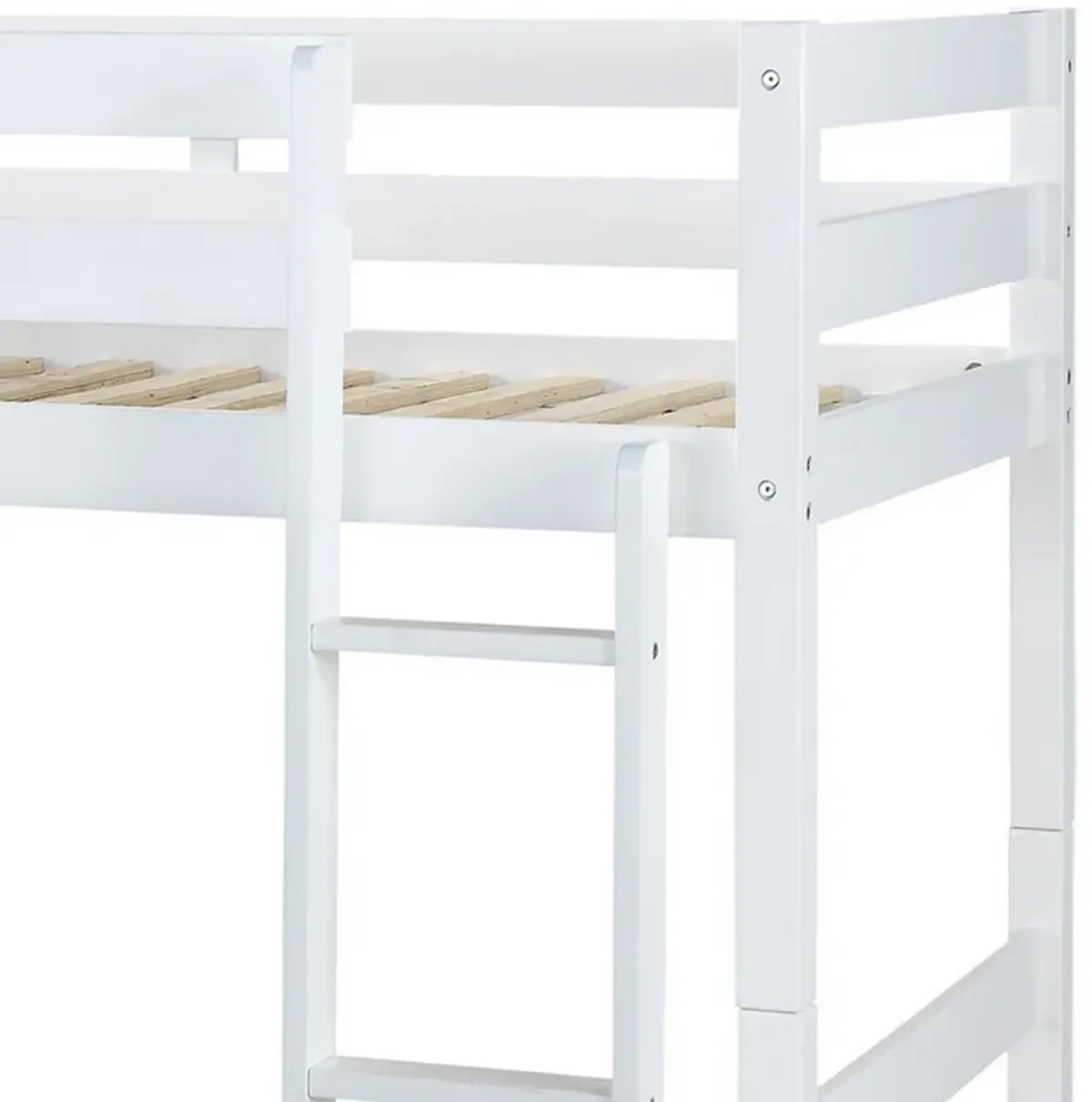 Wooden Twin Over Twin Bunk Bed with Attached Ladder, White-Benzara