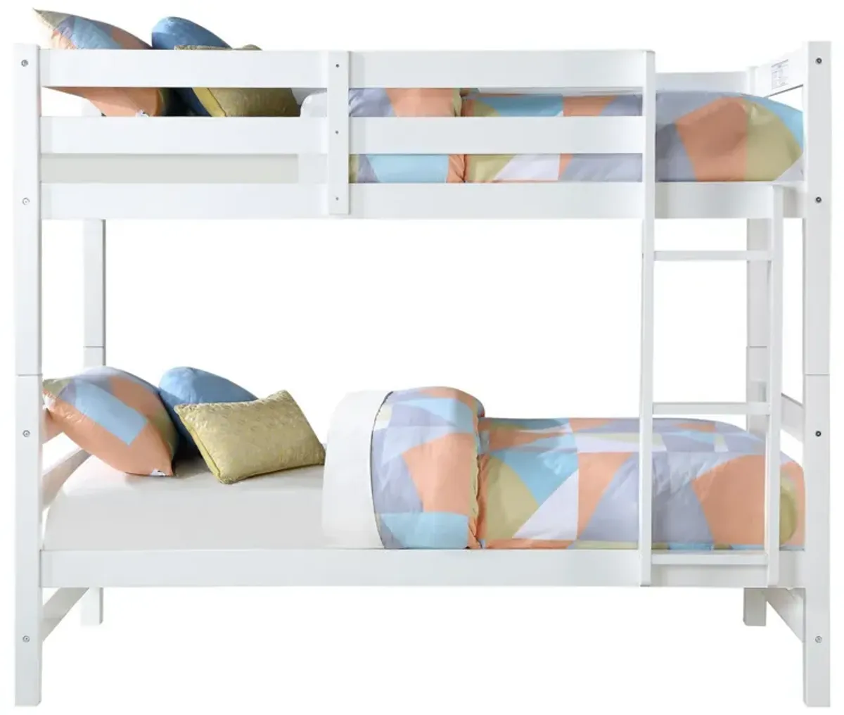 Wooden Twin Over Twin Bunk Bed with Attached Ladder, White-Benzara