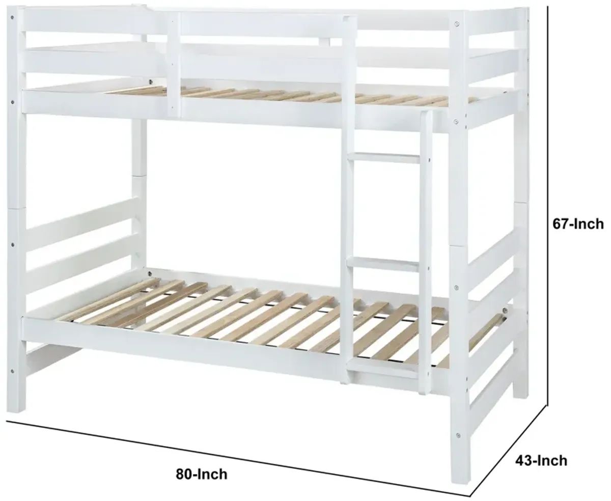 Wooden Twin Over Twin Bunk Bed with Attached Ladder, White-Benzara