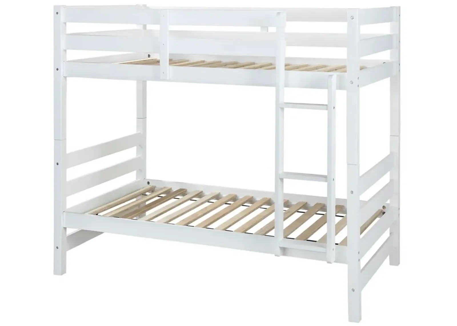 Wooden Twin Over Twin Bunk Bed with Attached Ladder, White-Benzara