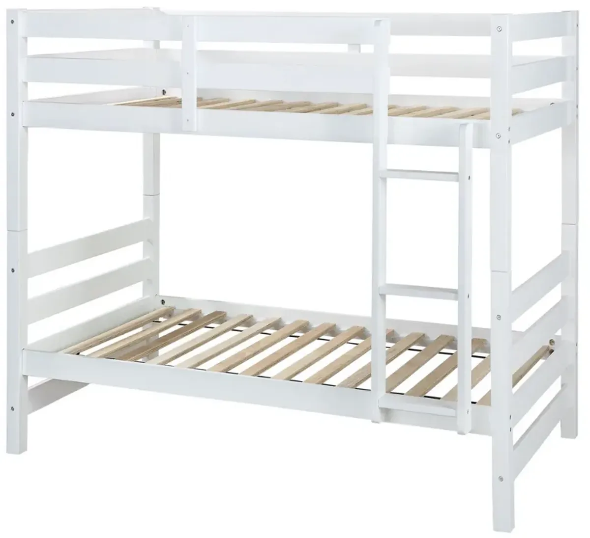 Wooden Twin Over Twin Bunk Bed with Attached Ladder, White-Benzara