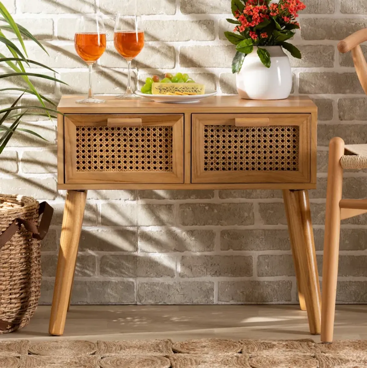 Baxton Studio Falan  Oak Brown Finished Wood 2 Drawer Console Table with Rattan