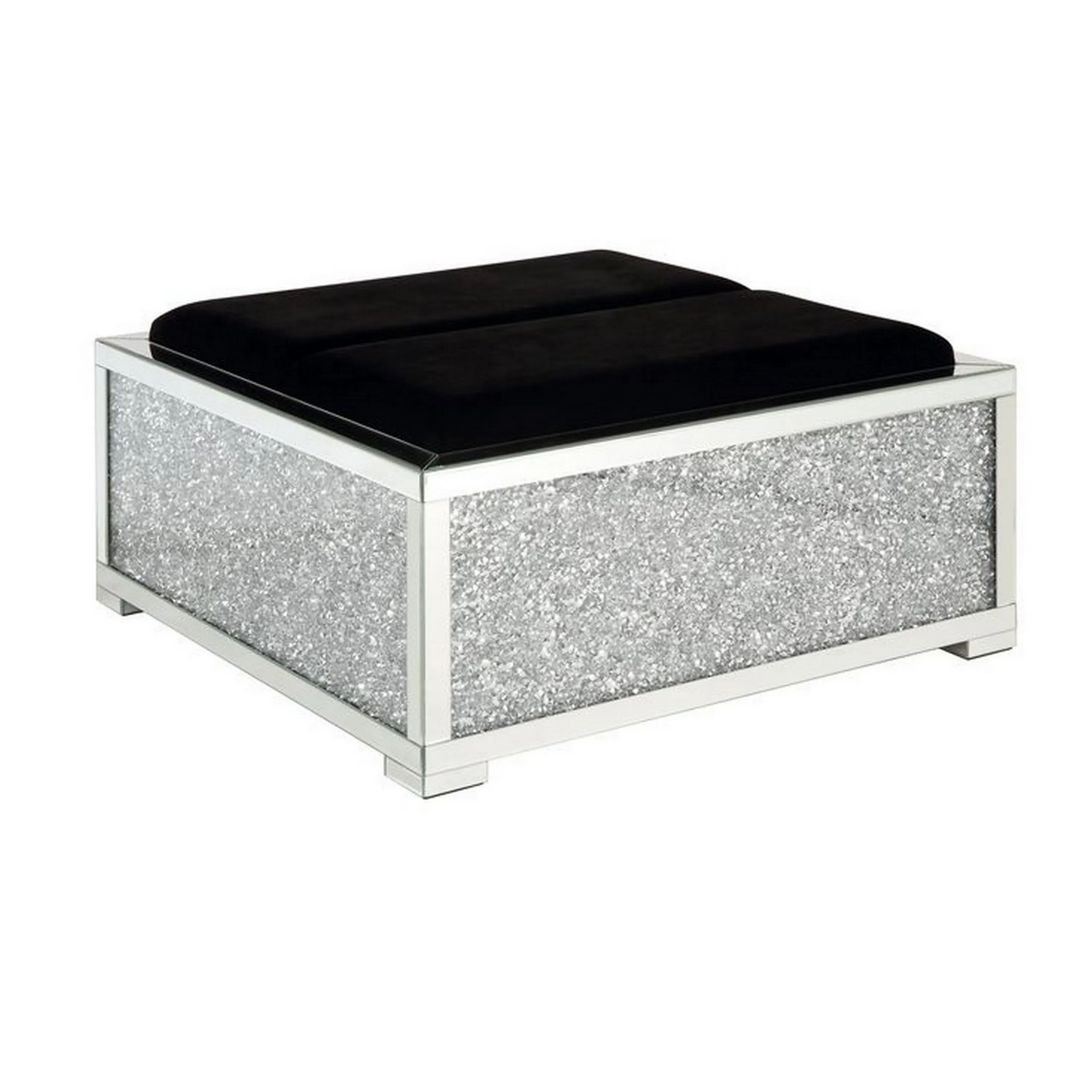 Mirrored Ottoman with Cushioned Seat and Faux Diamonds, Silver-Benzara