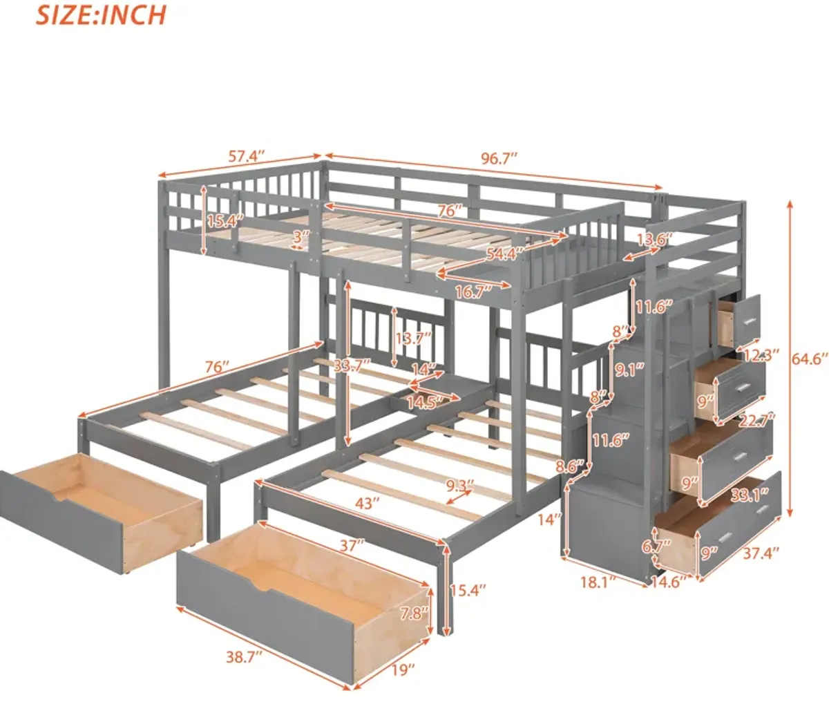 Merax Wooden Triple Bunk Bed with Drawers