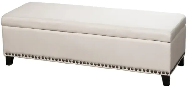 Ottoman Bench, Chain Link Pattern, Nailhead Trim, 51 Inch Beige Fabric - Benzara