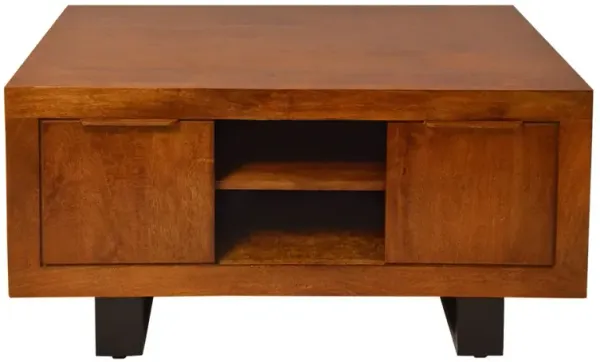 36 Inch Wooden Industrial Coffee Table With Open Compartments And Sled Base, Brown