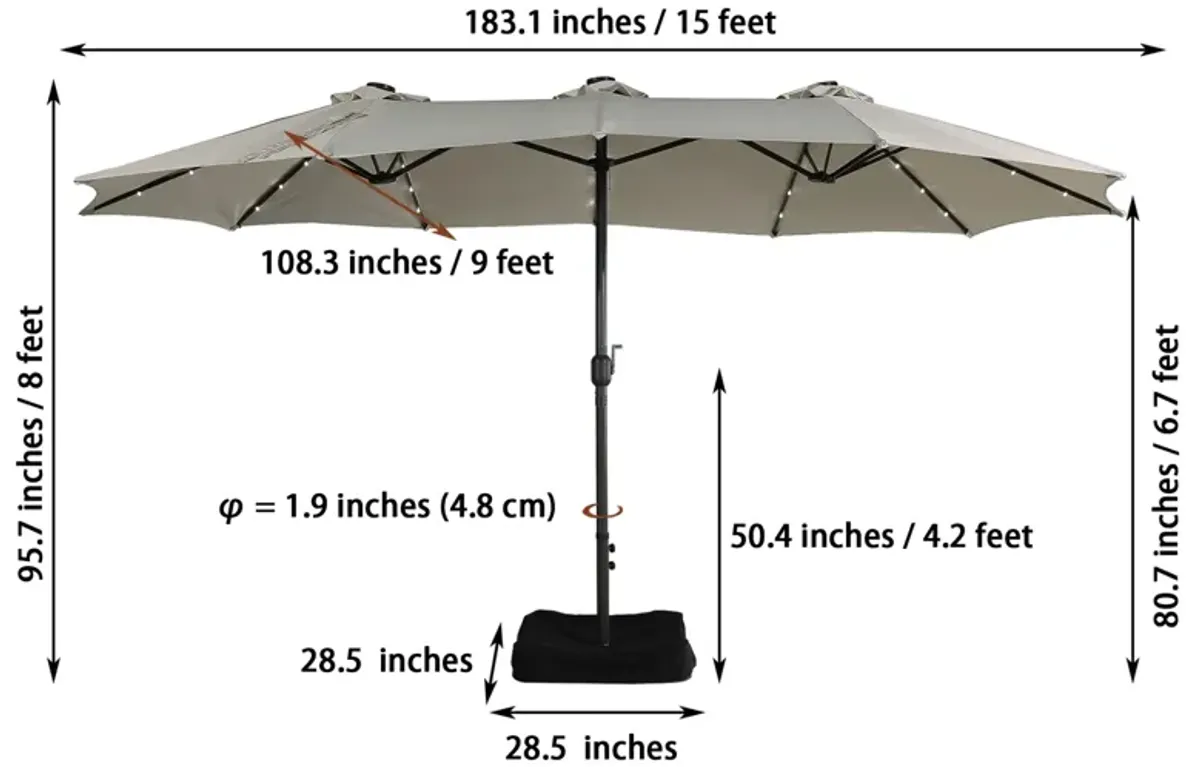 MONDAWE 15ft Rectangular Double-Sided Solar LED Outdoor Patio Market Umbrella with Base Included