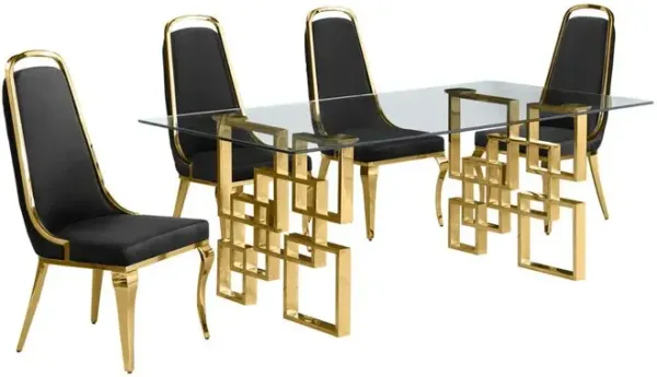 5-piece glam dining set with 4 Black side chairs and one 79" glass dining table