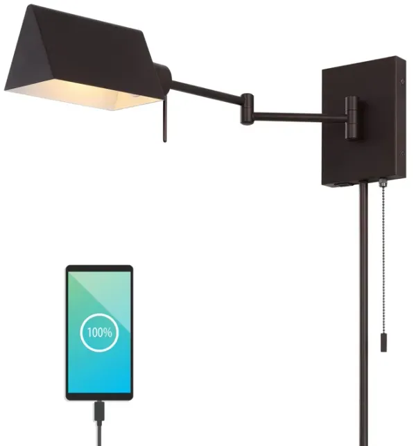 Arlo Farmhouse Industrial Single Swing Arm Plug In Or Hardwired Iron LED Wall Sconce with Pull Chain