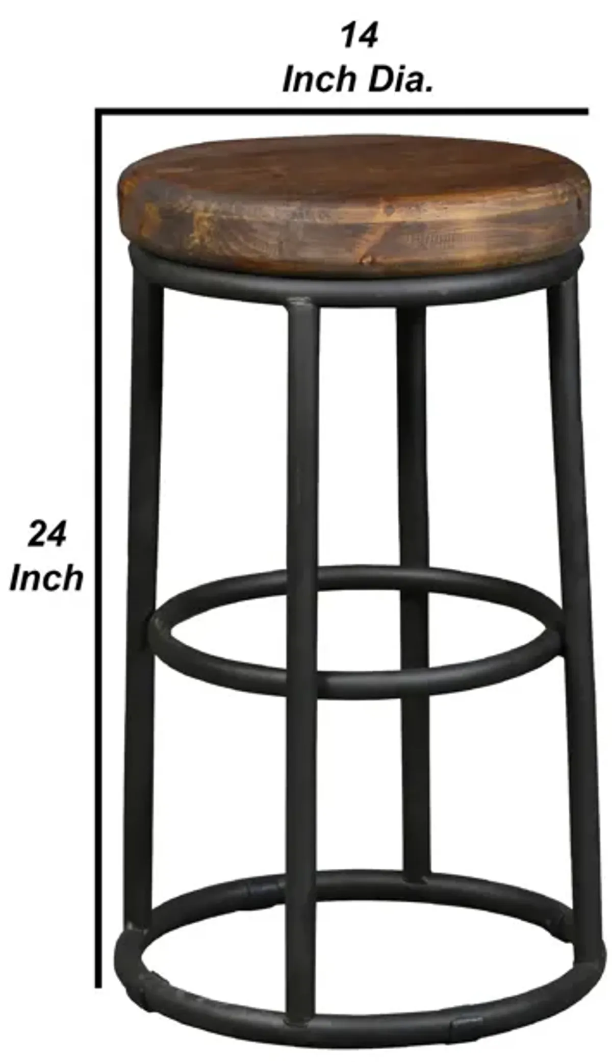 Ken 24 Inch Backless Round Counter Stool, Pine Wood Seat, Brown, Black-Benzara