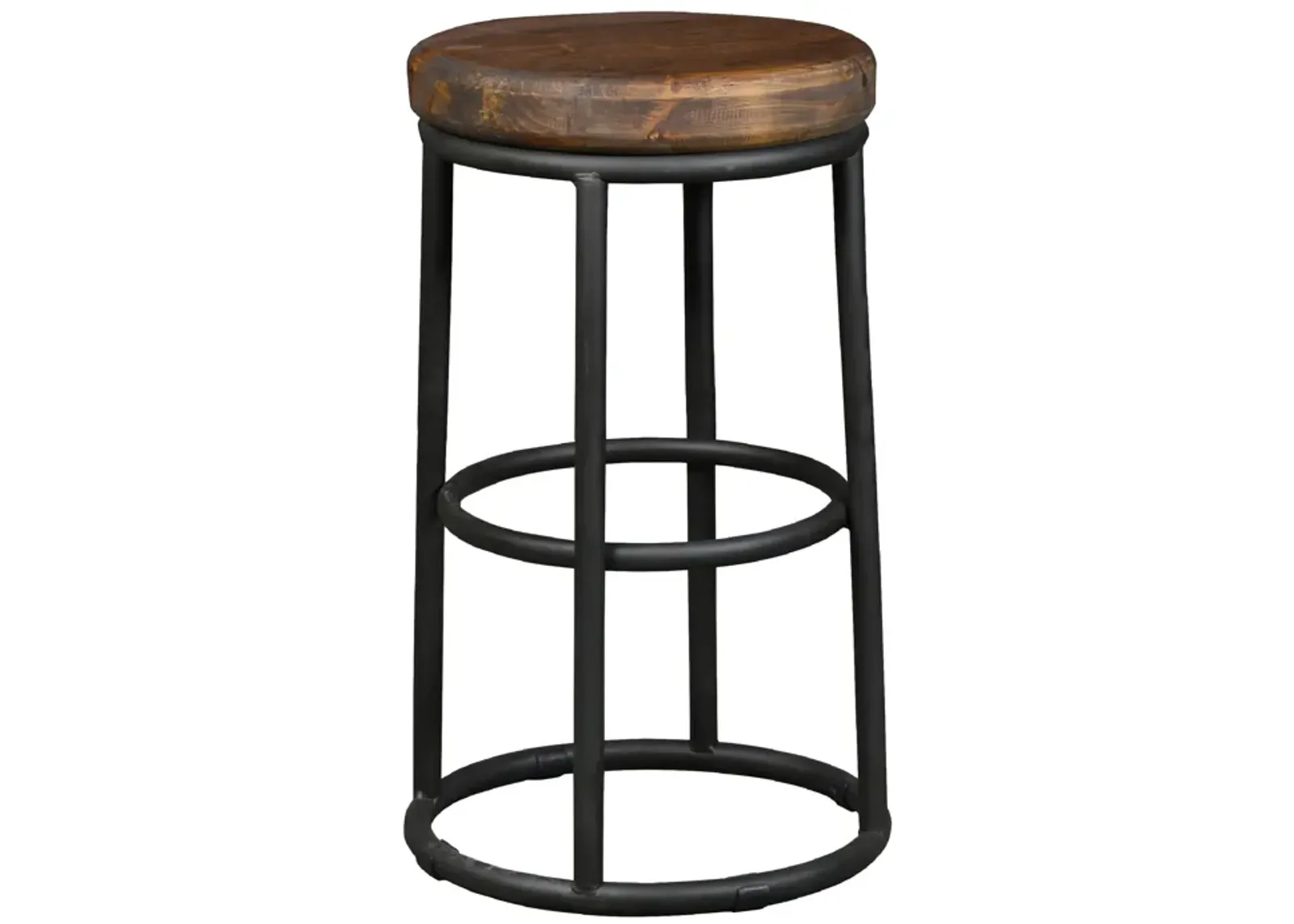 Ken 24 Inch Backless Round Counter Stool, Pine Wood Seat, Brown, Black-Benzara