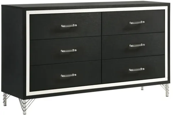 Jenny Wide Dresser, 6 Drawers and Chrome Accents, Modern Black Tone - Benzara