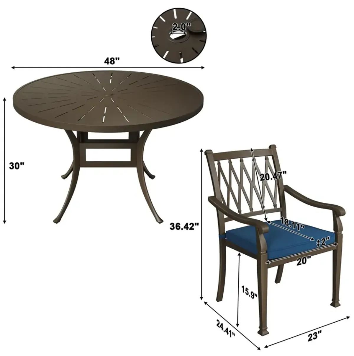 Mondawe 5 Pieces Cast Aluminum Outdoor Dining Set 4 Ergonomic Design Outdoor Chair with Cushions and 1 Round Table with 2.0 Inch Umbrella Hole