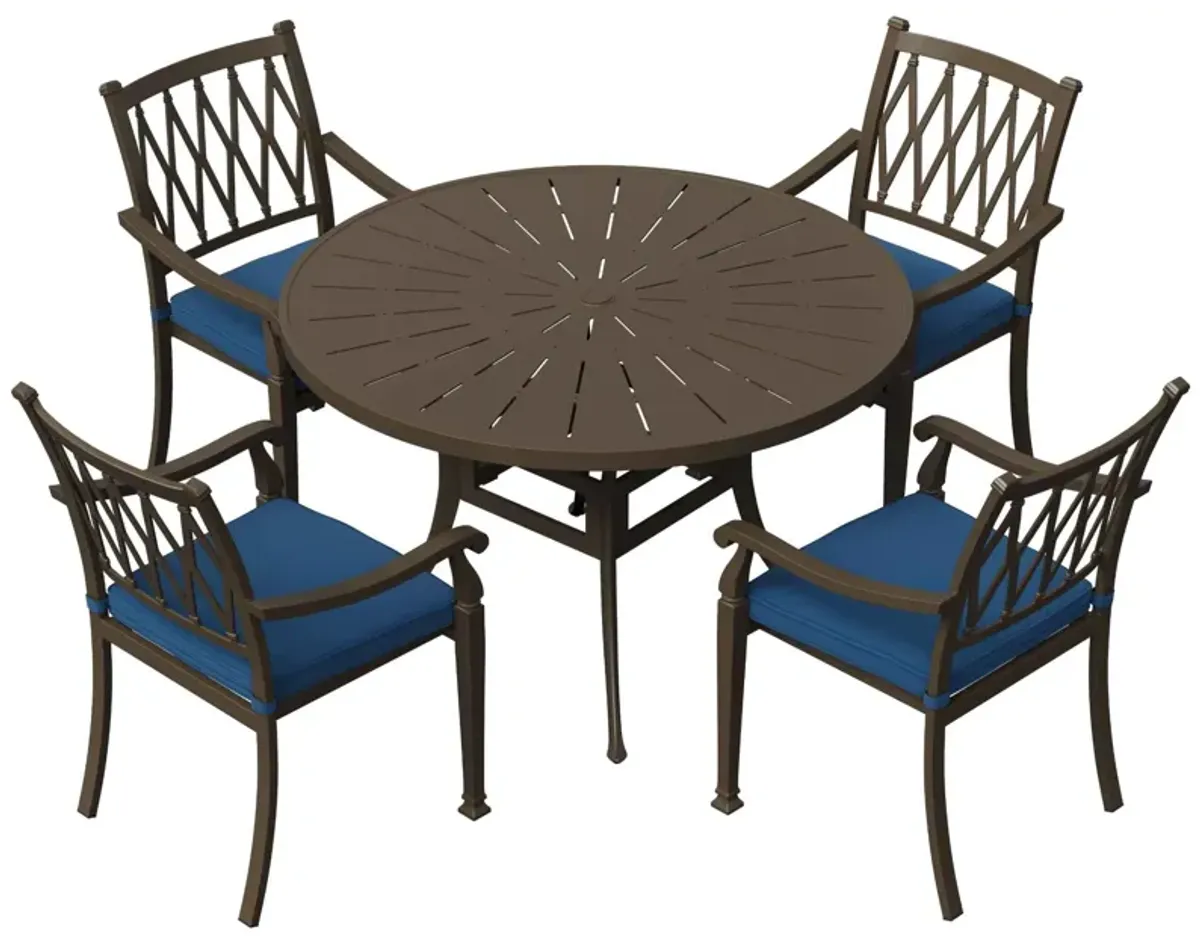 Mondawe 5 Pieces Cast Aluminum Outdoor Dining Set 4 Ergonomic Design Outdoor Chair with Cushions and 1 Round Table with 2.0 Inch Umbrella Hole