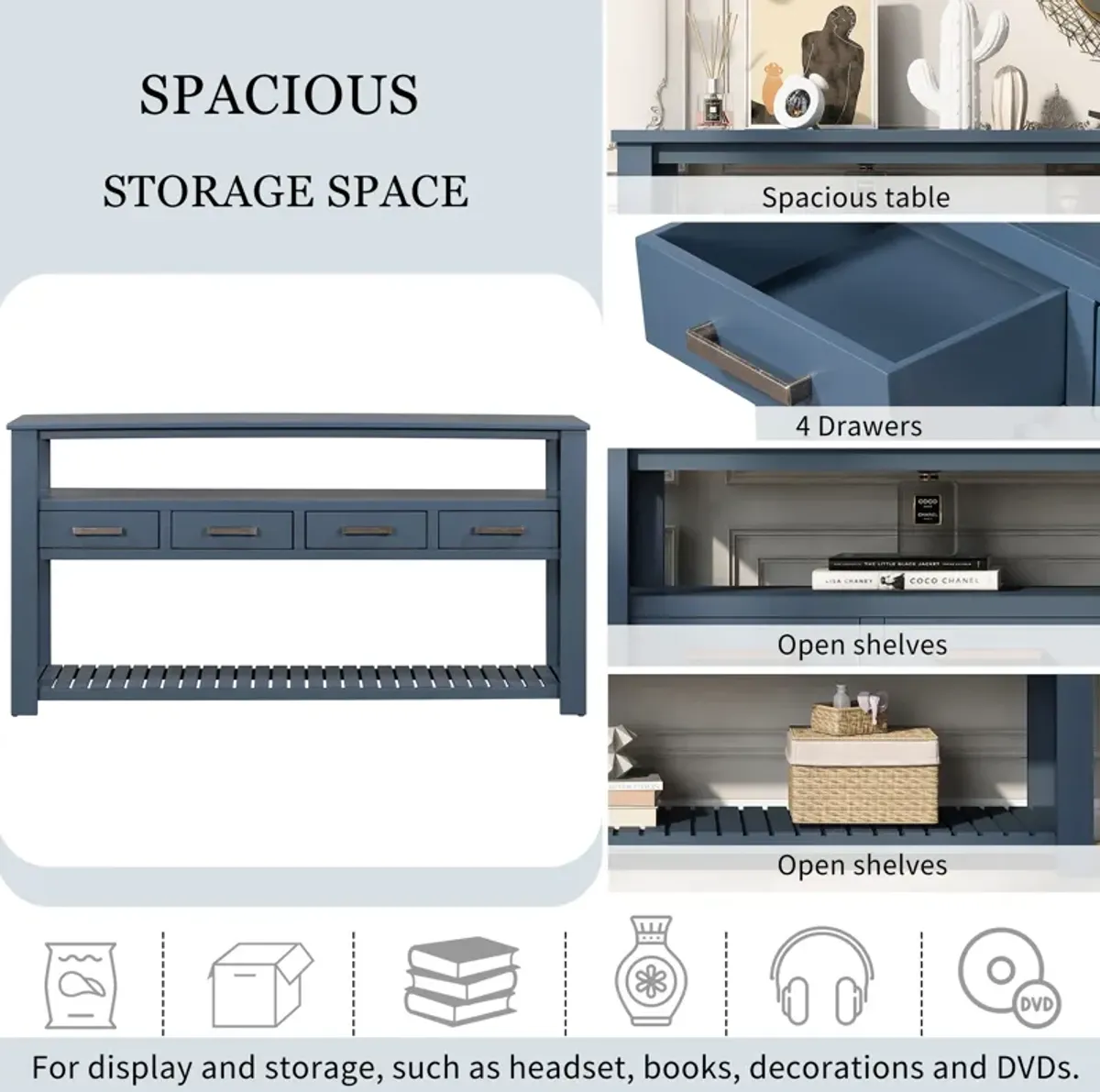 Modern Console Table Sofa Table for Living Room with 4 Drawers and 2 Shelves