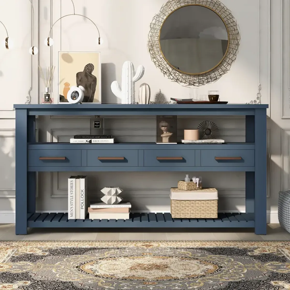 Modern Console Table Sofa Table for Living Room with 4 Drawers and 2 Shelves