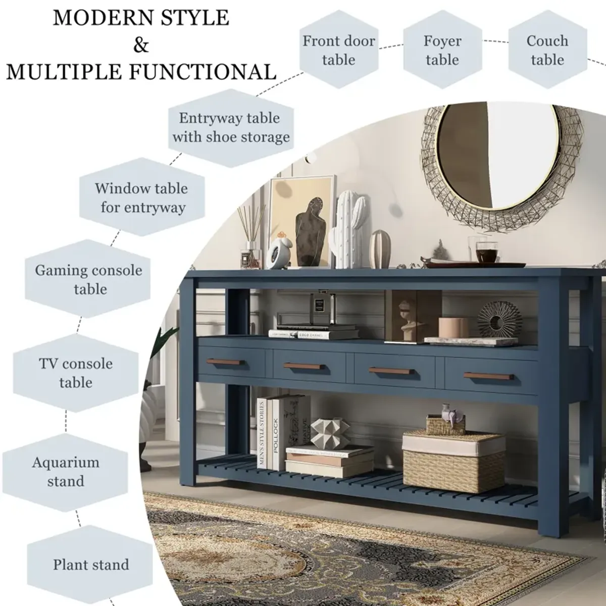 Modern Console Table Sofa Table for Living Room with 4 Drawers and 2 Shelves