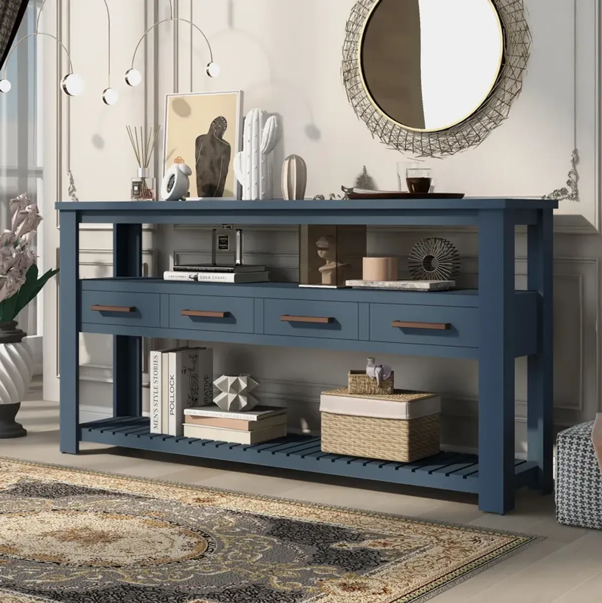 Modern Console Table Sofa Table for Living Room with 4 Drawers and 2 Shelves