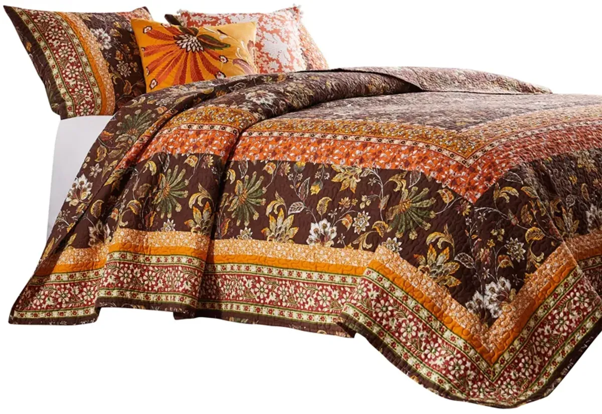 3 Piece King Quilt Set, Bohemian, Jacobean Floral Print, Brown, Orange - Benzara